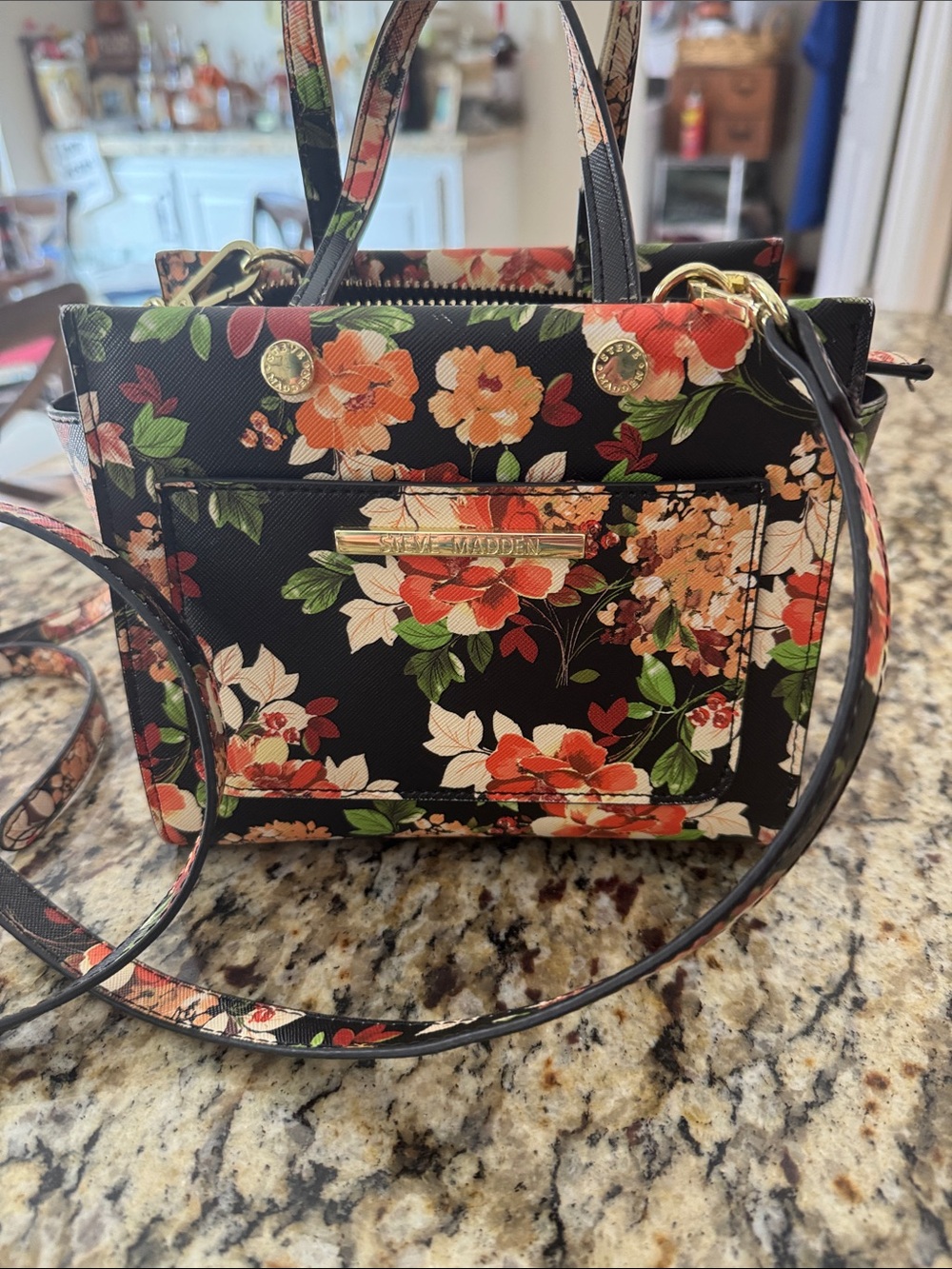 Steve Madden Black Floral Crossbody Satchel with Orange & Cream Flowers